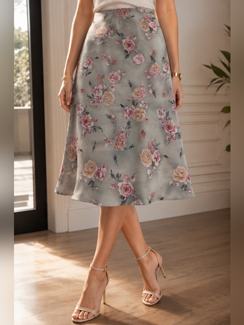 Vintage Floral A-Line Midi Skirt in Sage Green with Pink Roses Size M